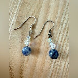 925 Sterling silver blue stone bead and crystal dangle earrings on hooks